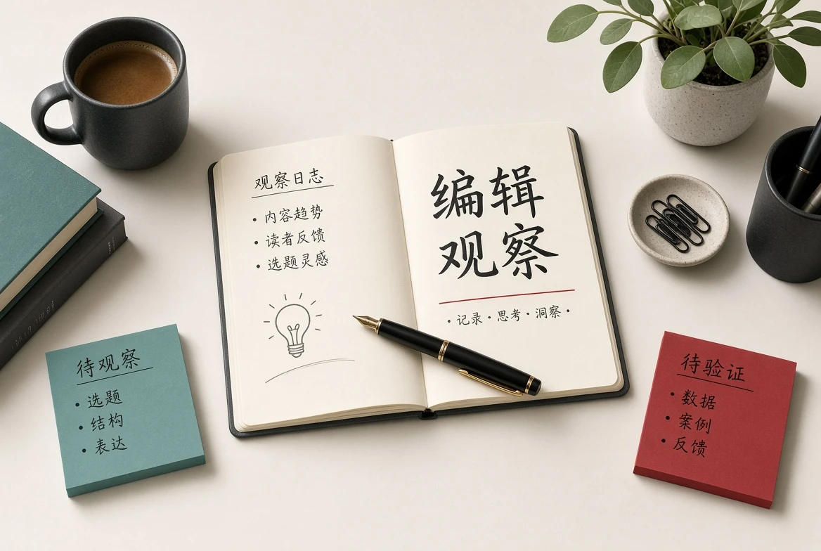 编辑核验笔记与观察思考插画
